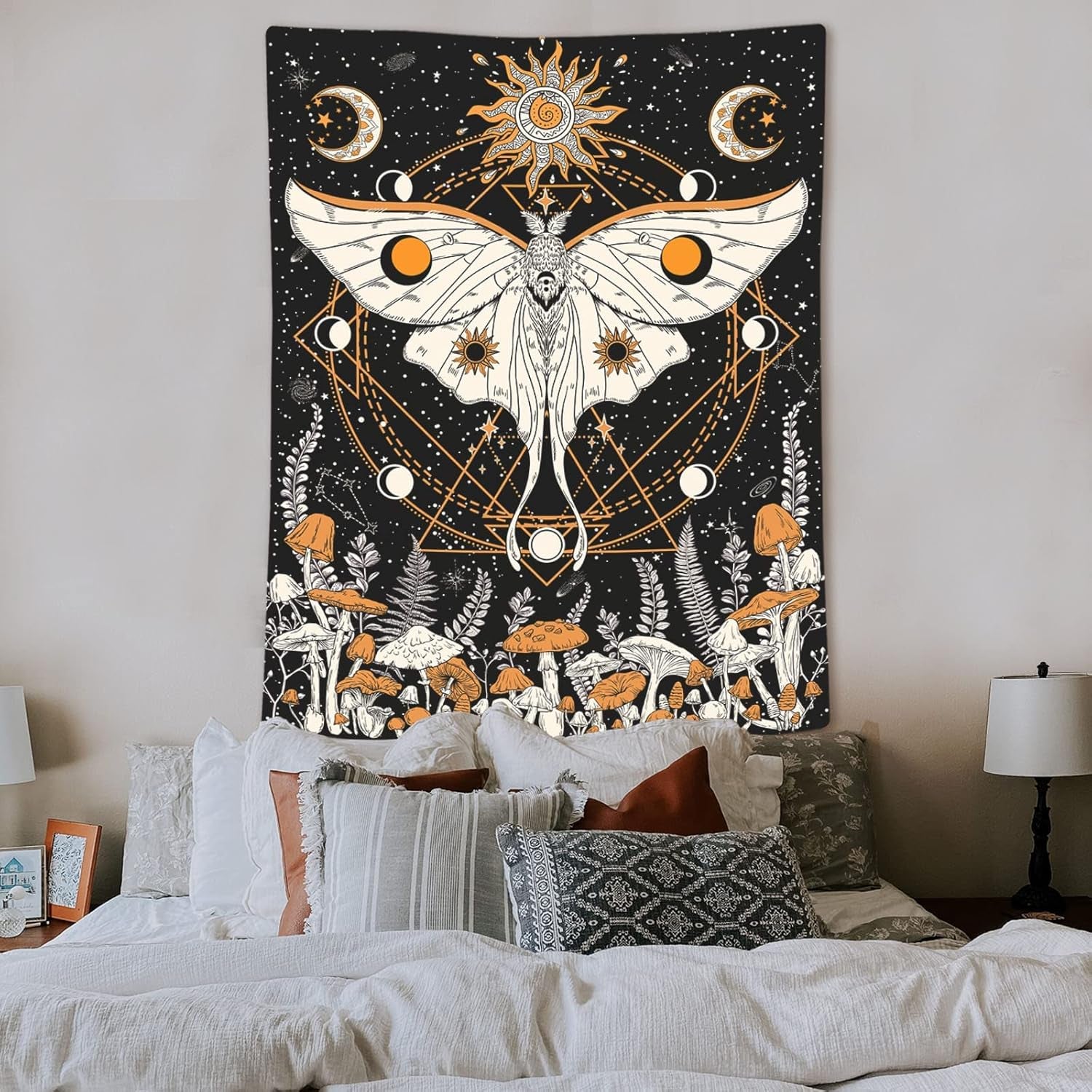Mushroom Moth Tapestry Orange Sun and Moon Tapestries Bohemian Boho Floral Wall Art Flower Nature Plant Aesthetic Wall Tapestry for Bedroom Dorm Living Room (44'' × 60'')