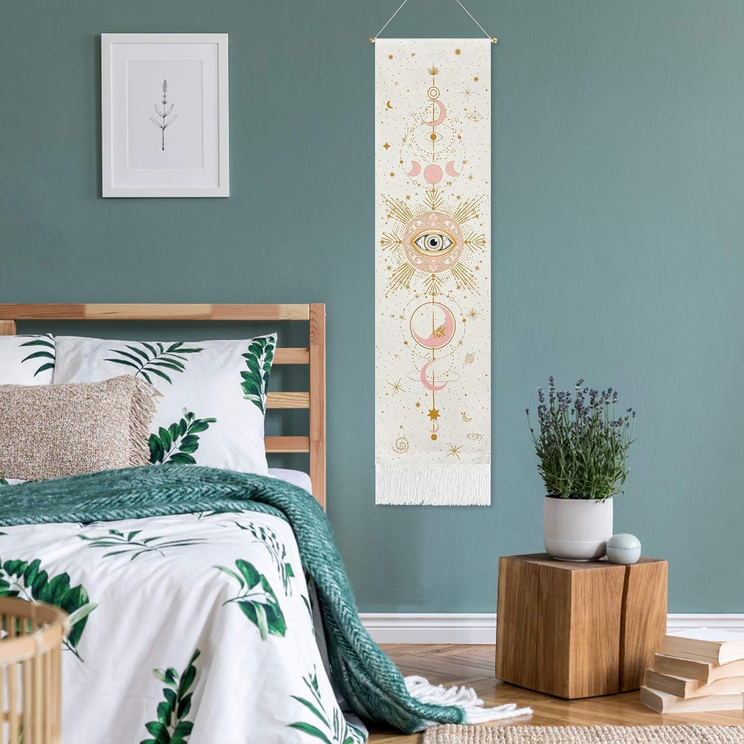 Moon Tapestry Moon Phase Tapestry Starry Sky Tapestry Celestial Galaxy Tapestry Bohemian Constellation Tapestry Wall Hanging for Room（White, 12.8 X 51.2 Inches）