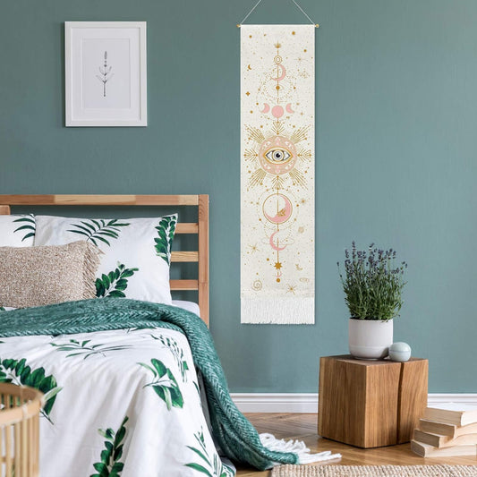 Moon Tapestry Moon Phase Tapestry Starry Sky Tapestry Celestial Galaxy Tapestry Bohemian Constellation Tapestry Wall Hanging for Room（White, 12.8 X 51.2 Inches）