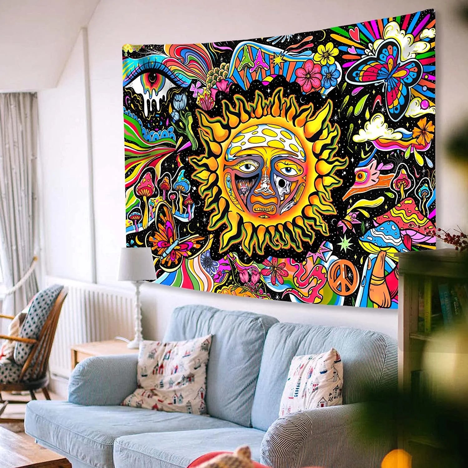 Trippy Tapestry Sun Tapestry Hippie Mushroom Tapestry Colorful Wall Tapestry for Bedroom Aesthetic Cute Tapestries Wall Hanging for Bedroom,35"X29"