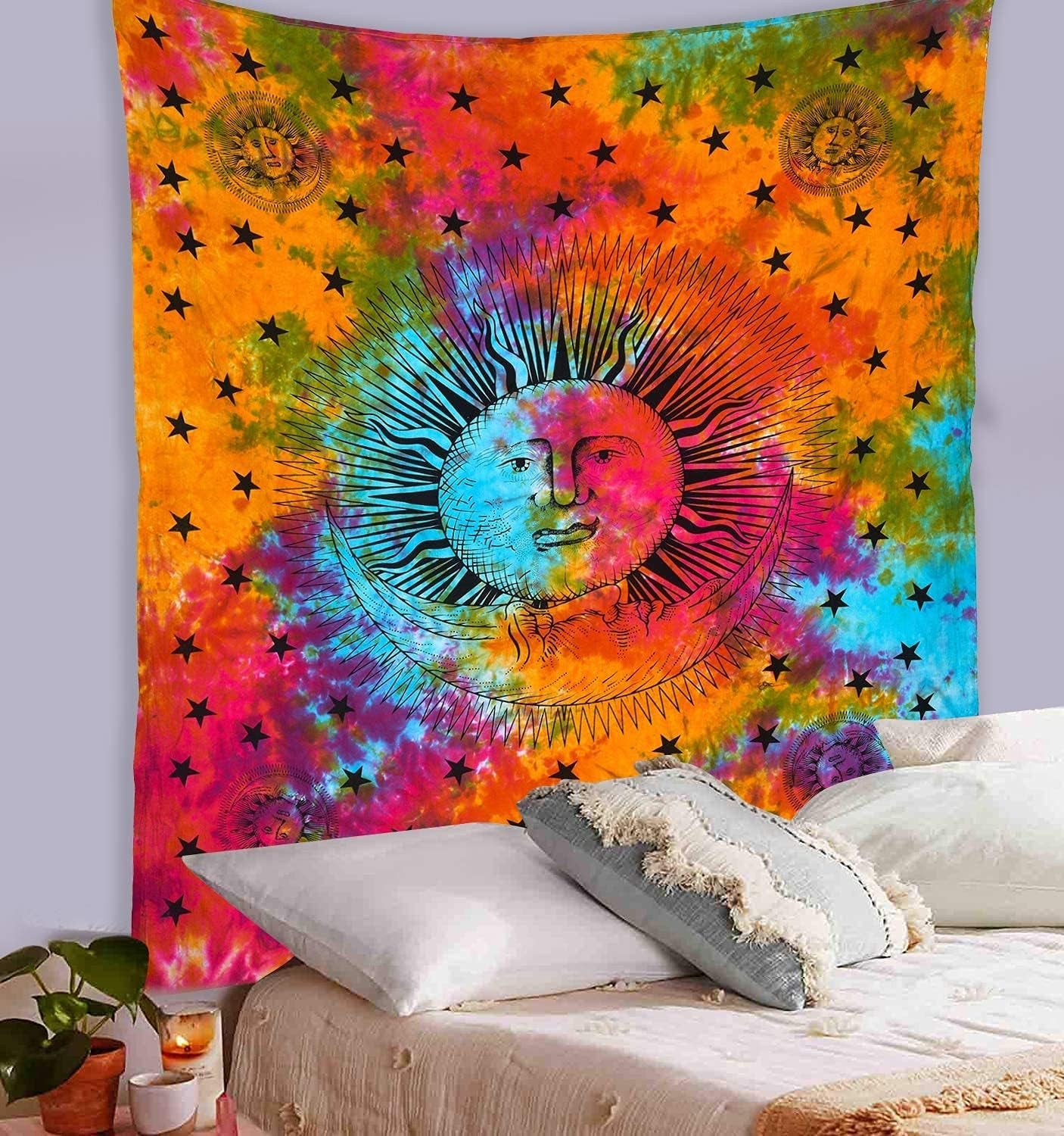 Tie Dye Mandala Tapestry, Celestial Sun Moon Star Planet Bohemian Tapestry Tarot, Wall Hanging Boho Tapestry for Room, Hippie Beach Coverlet Curtain (Rainbow, 54"X60")