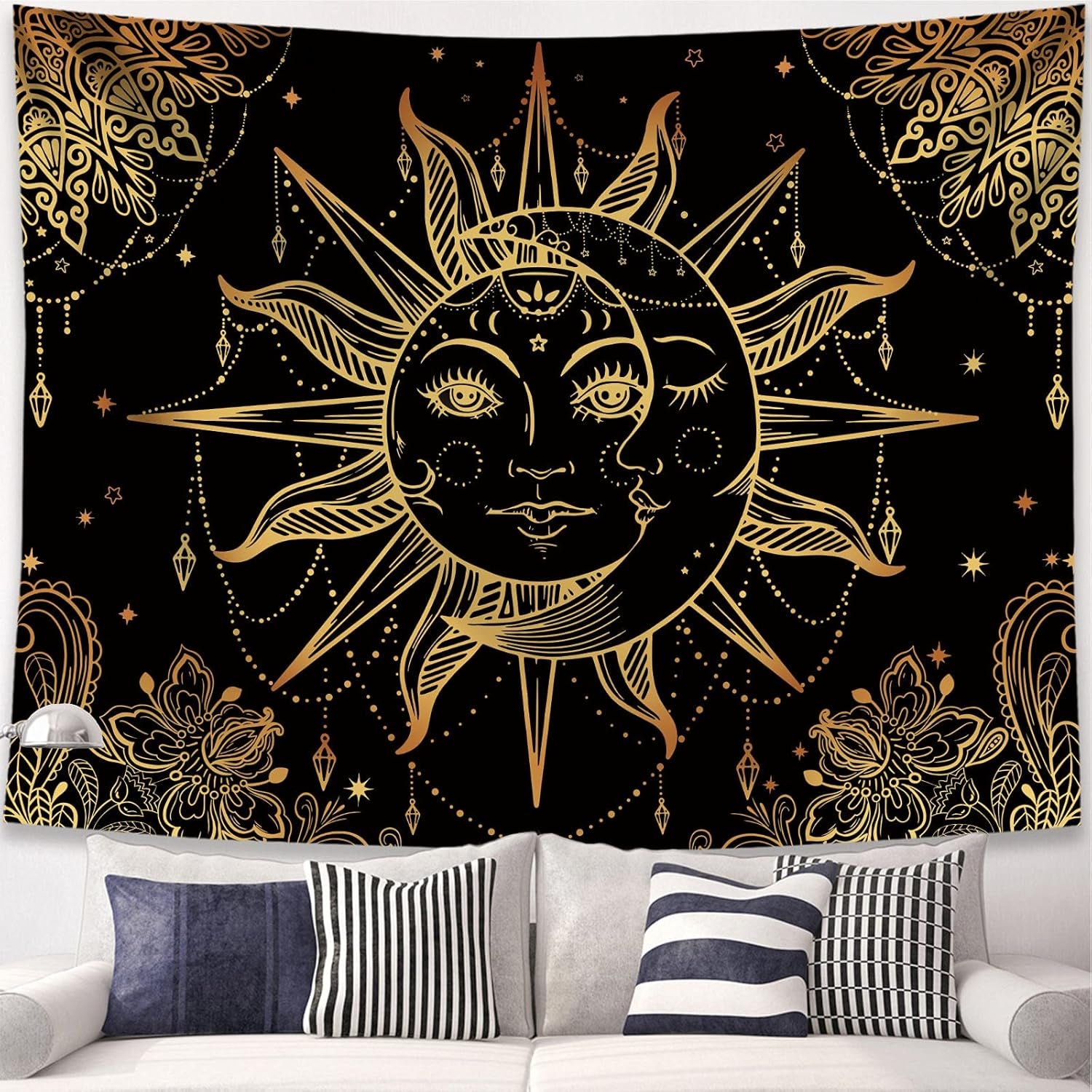 Hippie Sun and Moon Tapestry Bohemian Tapestry Aesthetic Cute Tapestries for Bedroom and Living Room Decor Sun 60×80 Inches