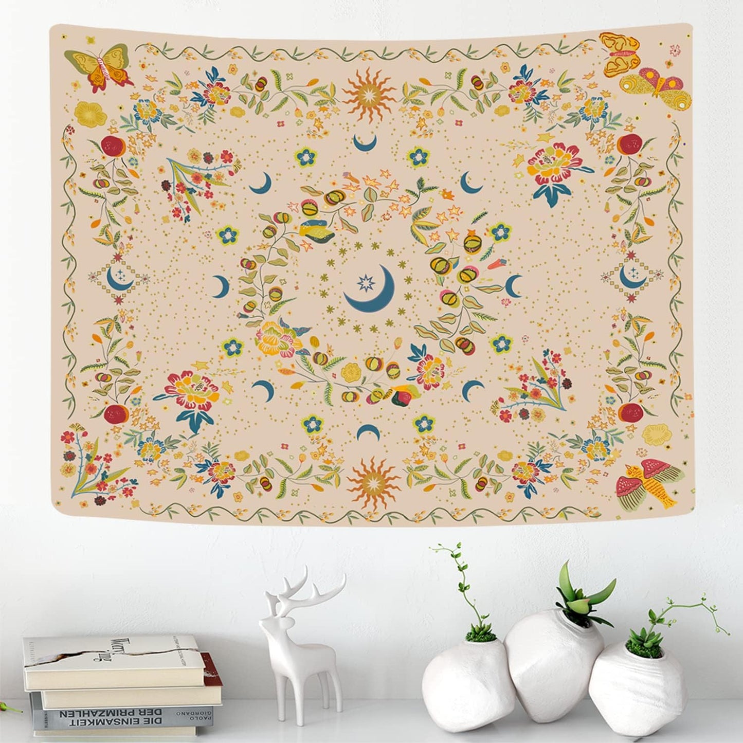 Wall Tapestry - Bohemian Floral Vine Wall Hanging Celestial Sun Moon and Star Tapestry for Hippie Home Decor - Bedroom Aesthetic (Butterfly Beige, Medium (50X 60))