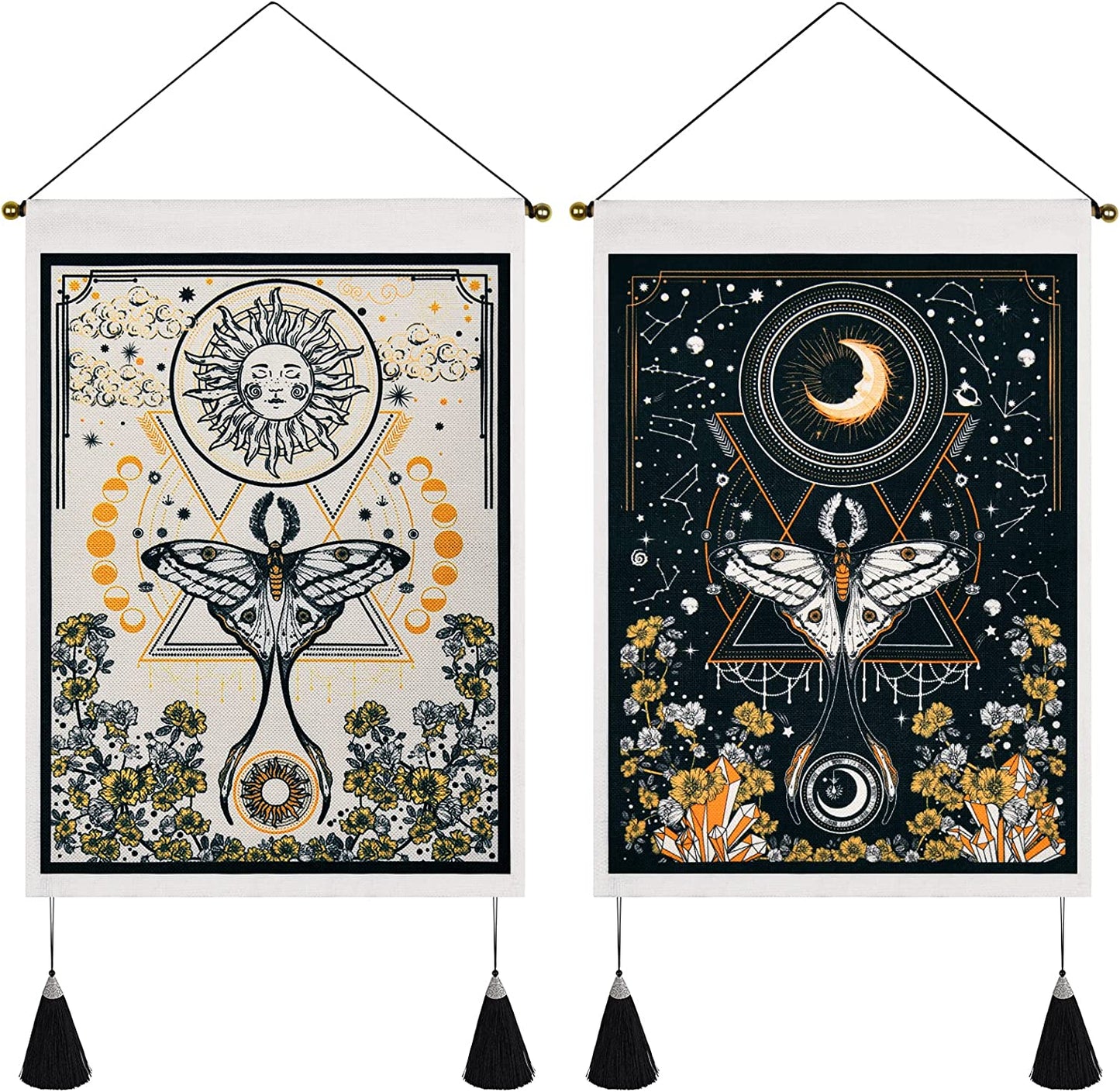 Lyacmy Pack of 2 Sun and Moon Tapestries - Yellow and Orange Tapestry Flower Vine Wall Hanging for Room (13.8 X 19.7 Inches)
