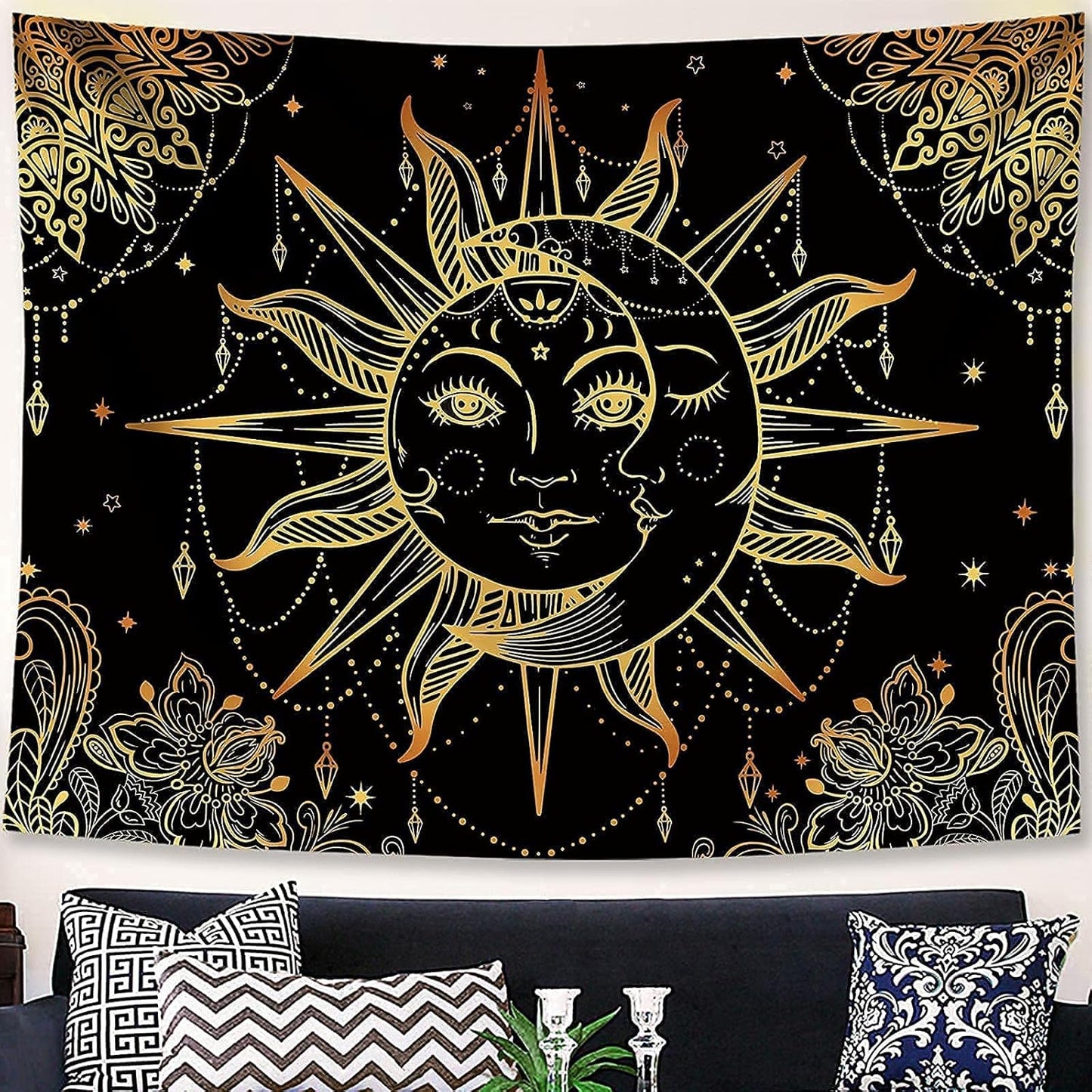 Hippie Sun and Moon Tapestry Bohemian Tapestry Aesthetic Cute Tapestries for Bedroom and Living Room Decor Sun 60×80 Inches
