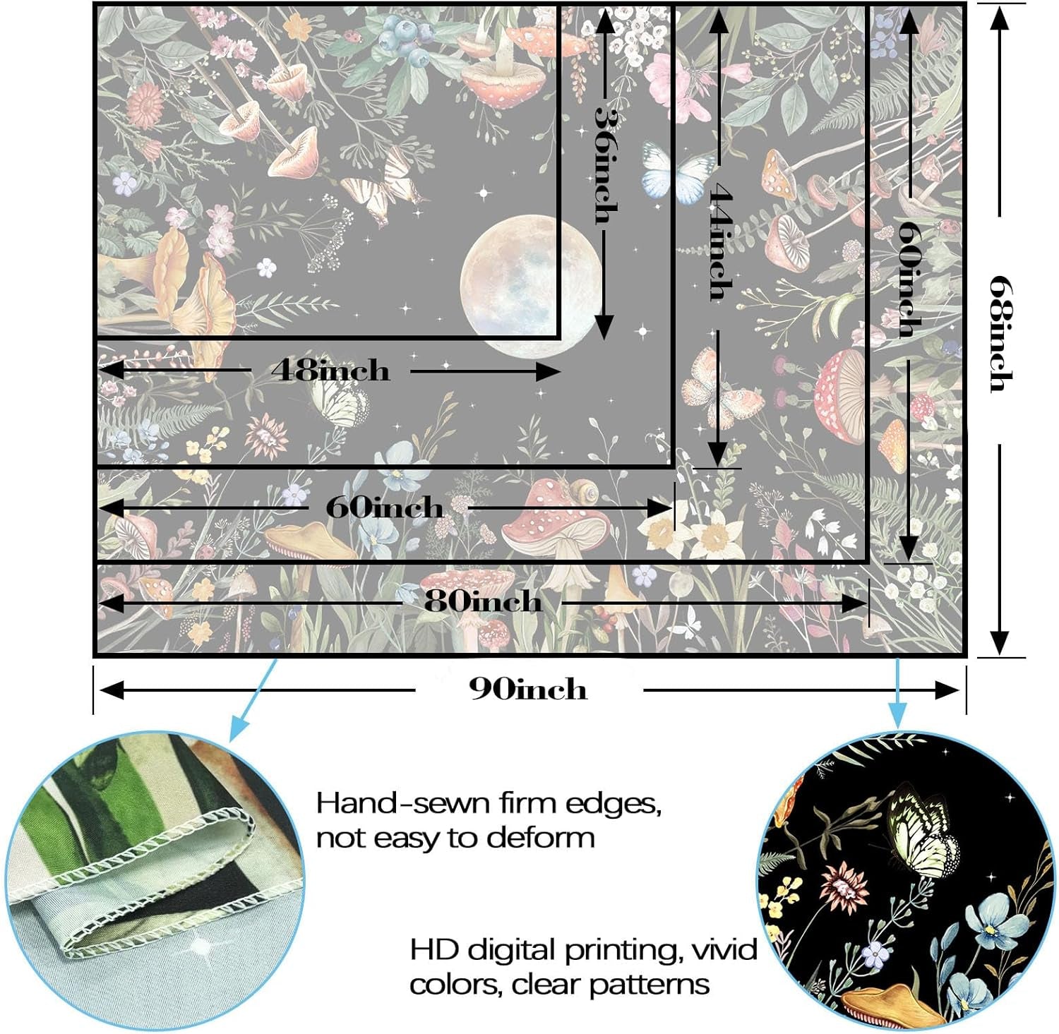 Moon Garden Tapestry Moonlit Green Plant Botanical Mushroom Flowers Tapestry Wall Hanging Black Nature Floral Butterfly Aesthetic Tapestries for Bedroom Dorm Living Room (48'' × 36'')