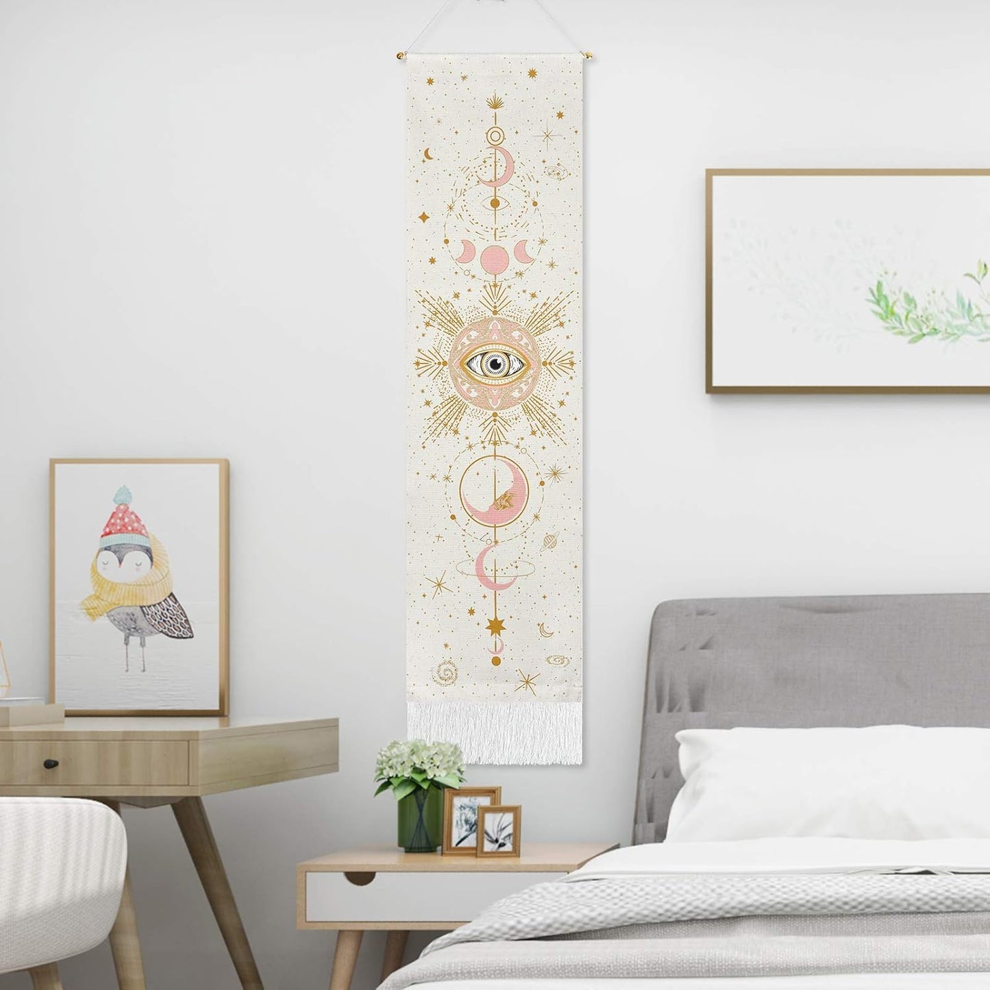 Moon Tapestry Moon Phase Tapestry Starry Sky Tapestry Celestial Galaxy Tapestry Bohemian Constellation Tapestry Wall Hanging for Room（White, 12.8 X 51.2 Inches）