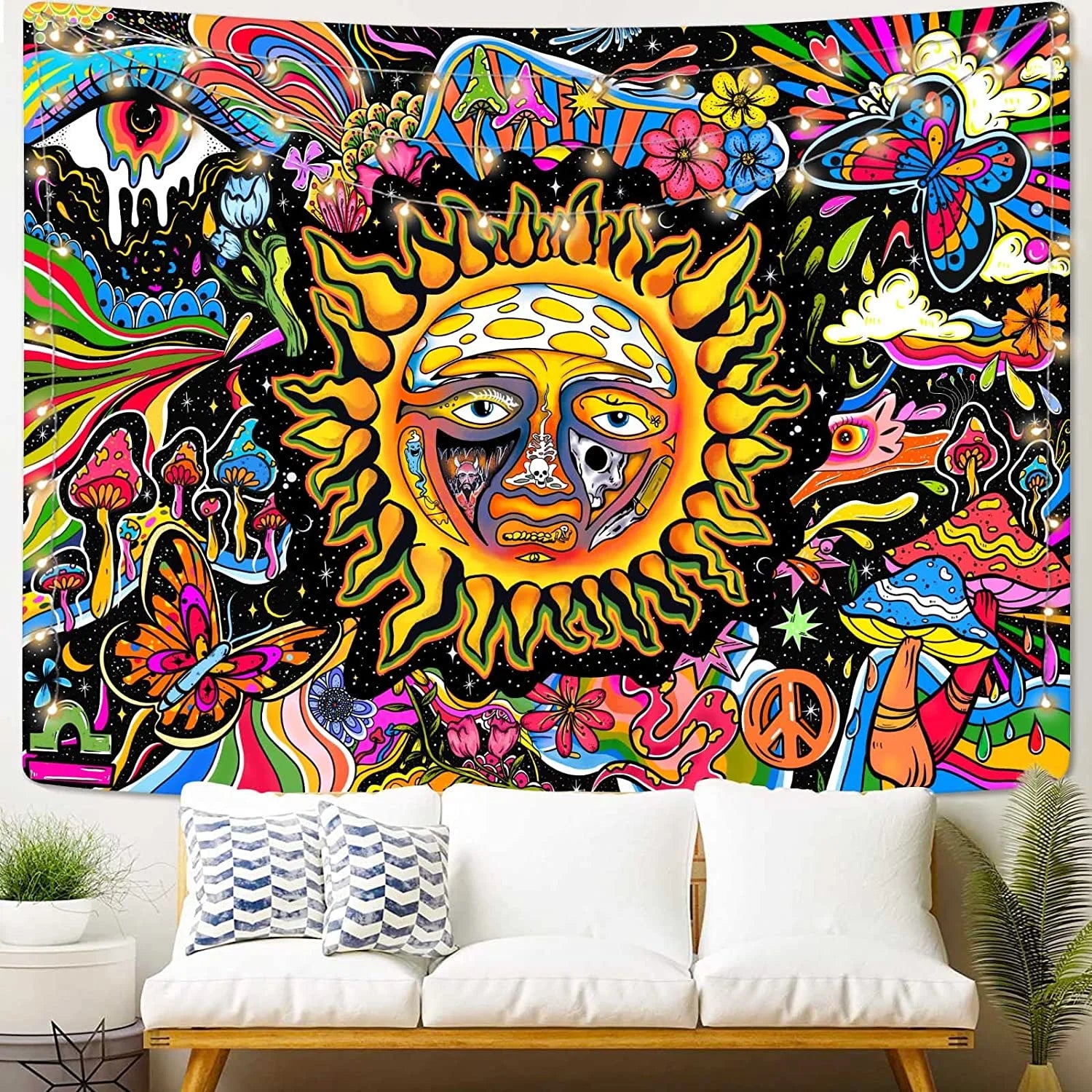 Trippy Tapestry Sun Tapestry Hippie Mushroom Tapestry Colorful Wall Tapestry for Bedroom Aesthetic Cute Tapestries Wall Hanging for Bedroom,35"X29"