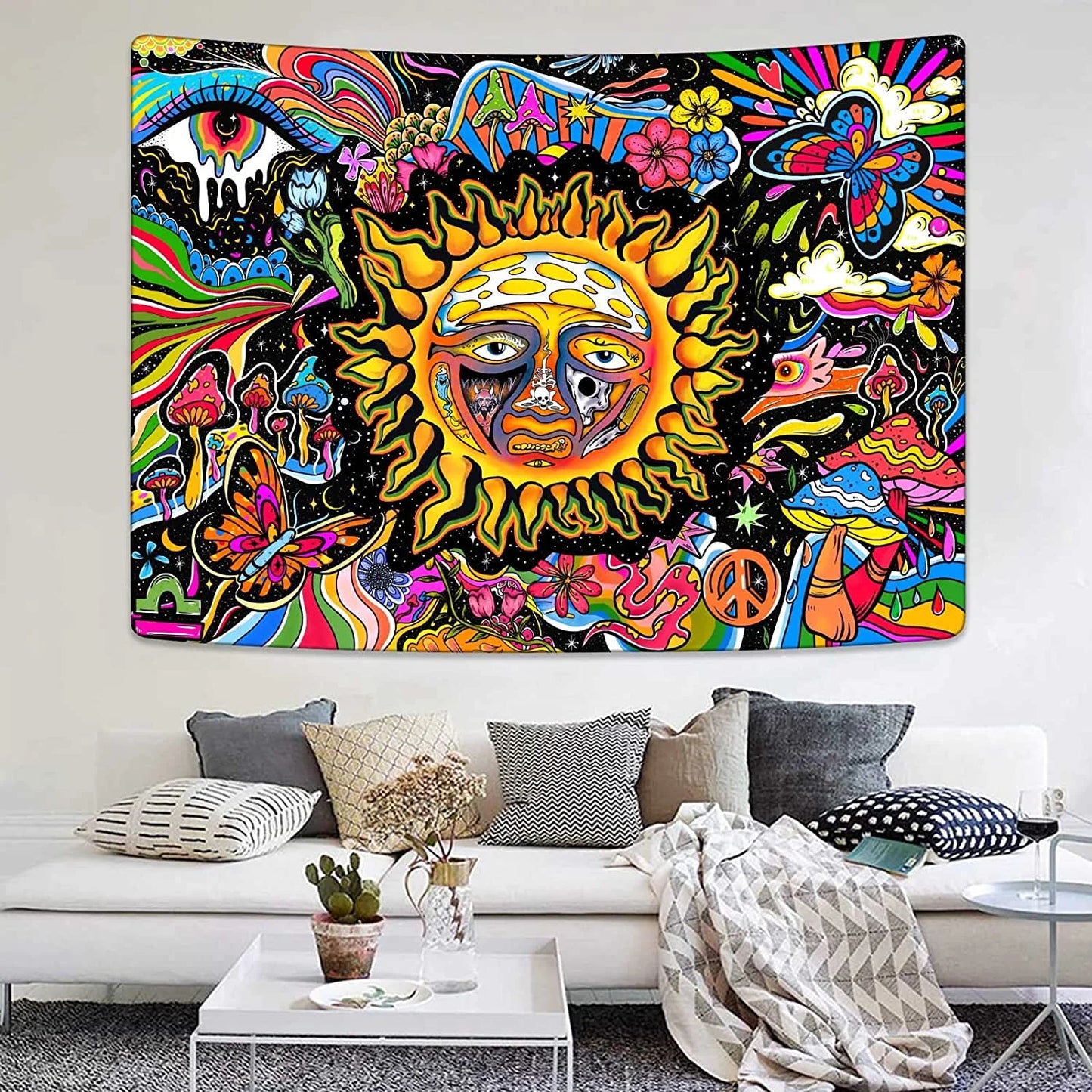 Trippy Tapestry Sun Tapestry Hippie Mushroom Tapestry Colorful Wall Tapestry for Bedroom Aesthetic Cute Tapestries Wall Hanging for Bedroom,35"X29"