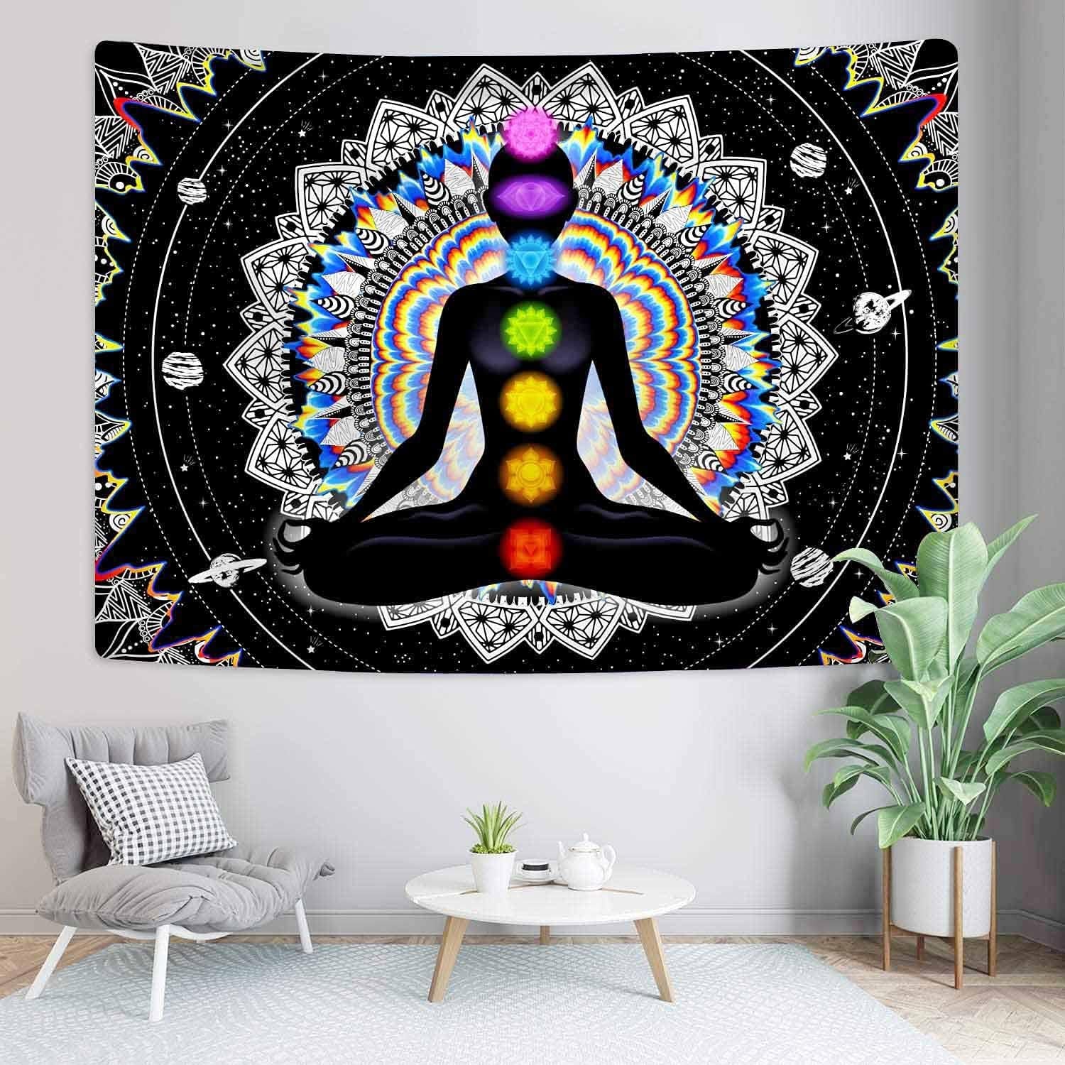 Seven Chakra Tapestry Mandala Tapestry Trippy Black and White Tapestry Celestial Space Tapestry Boho Yoga Meditation Wall Hanging Tapestry for Bedroom Home Decor (H59.1 X W82.7)