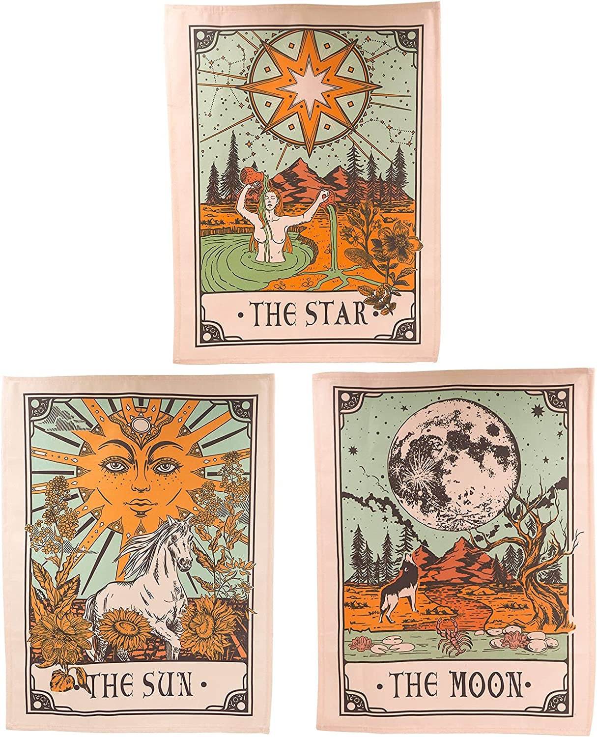 3 Pack Sun Moon and Star Tarot Card Tapestry, Brown and Beige Wall Hanging, Vertical Vintage Aesthetic for Room (Brown, 15'' 20'')