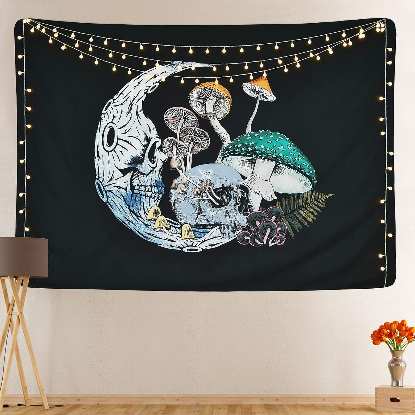Skull Moon Tapestry Mushroom Tapestry Colorful Mushroom Tapestry Skeleton Tapestry Fugus Black Background Tapestry for Room (51.2 X 59.1 Inches)
