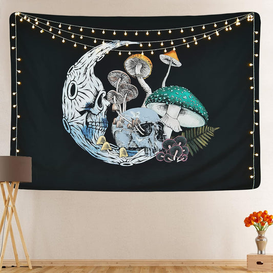 Skull Moon Tapestry Mushroom Tapestry Colorful Mushroom Tapestry Skeleton Tapestry Fugus Black Background Tapestry for Room (51.2 X 59.1 Inches)