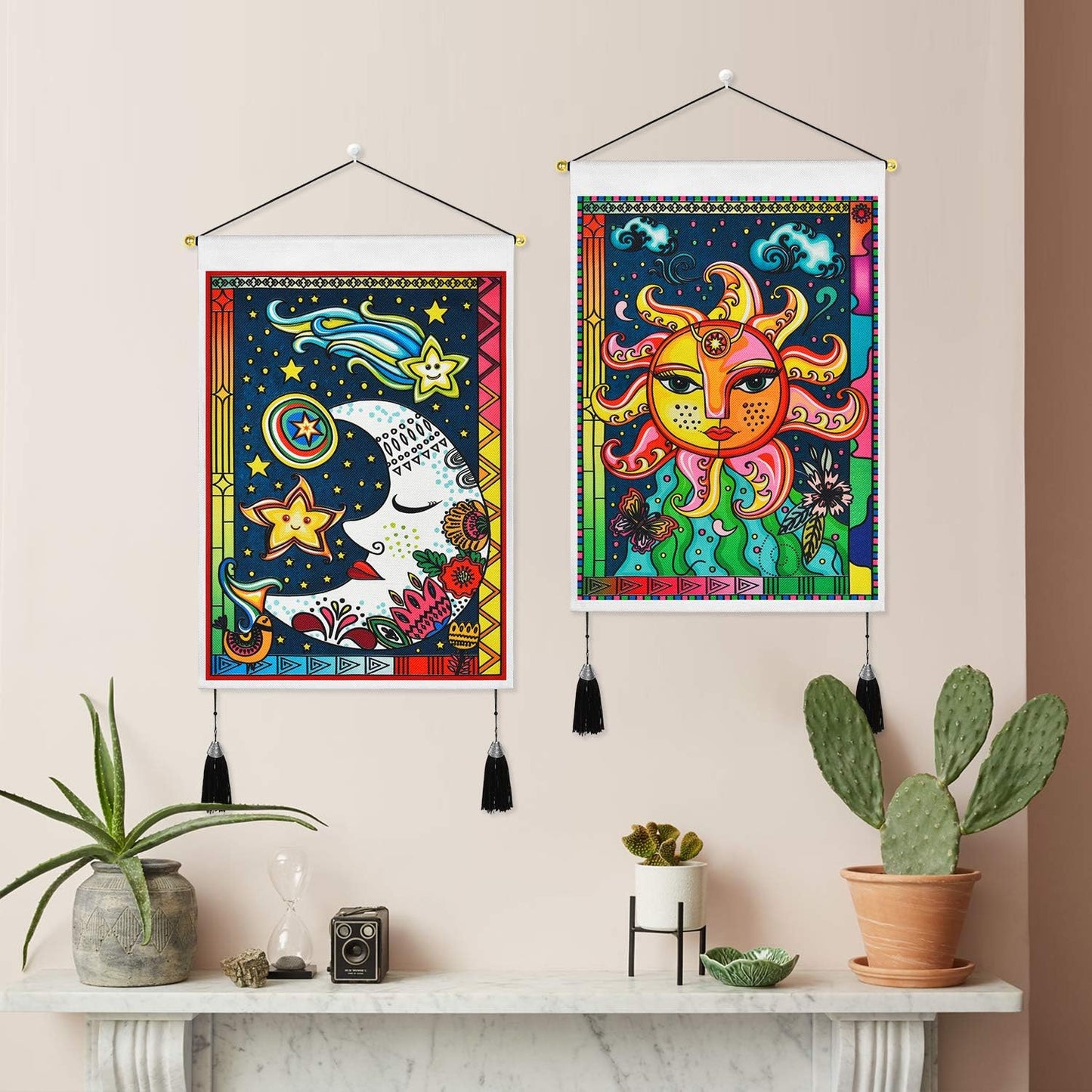 Pack of 2 Tapestry Sun and Moon Tapestry Burning Sun Tapestries Stars and Moon Tapestry Floral Tapestry Wall Hanging for Room (13.8 X 19.7 Inches)