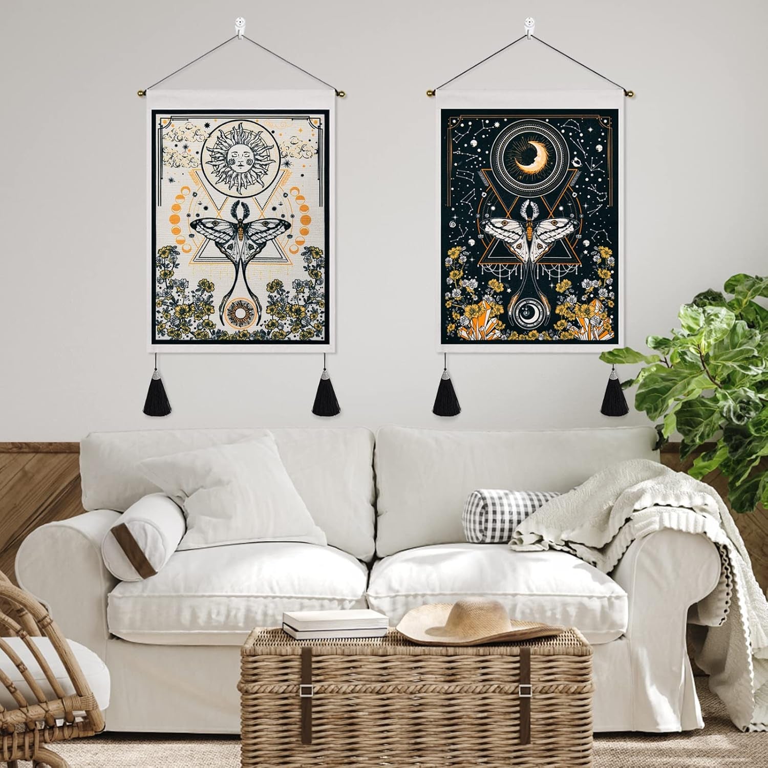 Lyacmy Pack of 2 Sun and Moon Tapestries - Yellow and Orange Tapestry Flower Vine Wall Hanging for Room (13.8 X 19.7 Inches)