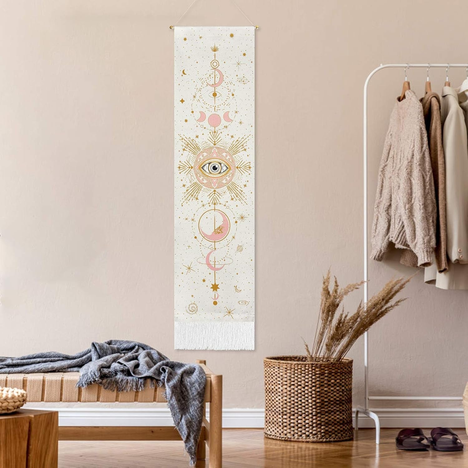 Moon Tapestry Moon Phase Tapestry Starry Sky Tapestry Celestial Galaxy Tapestry Bohemian Constellation Tapestry Wall Hanging for Room（White, 12.8 X 51.2 Inches）