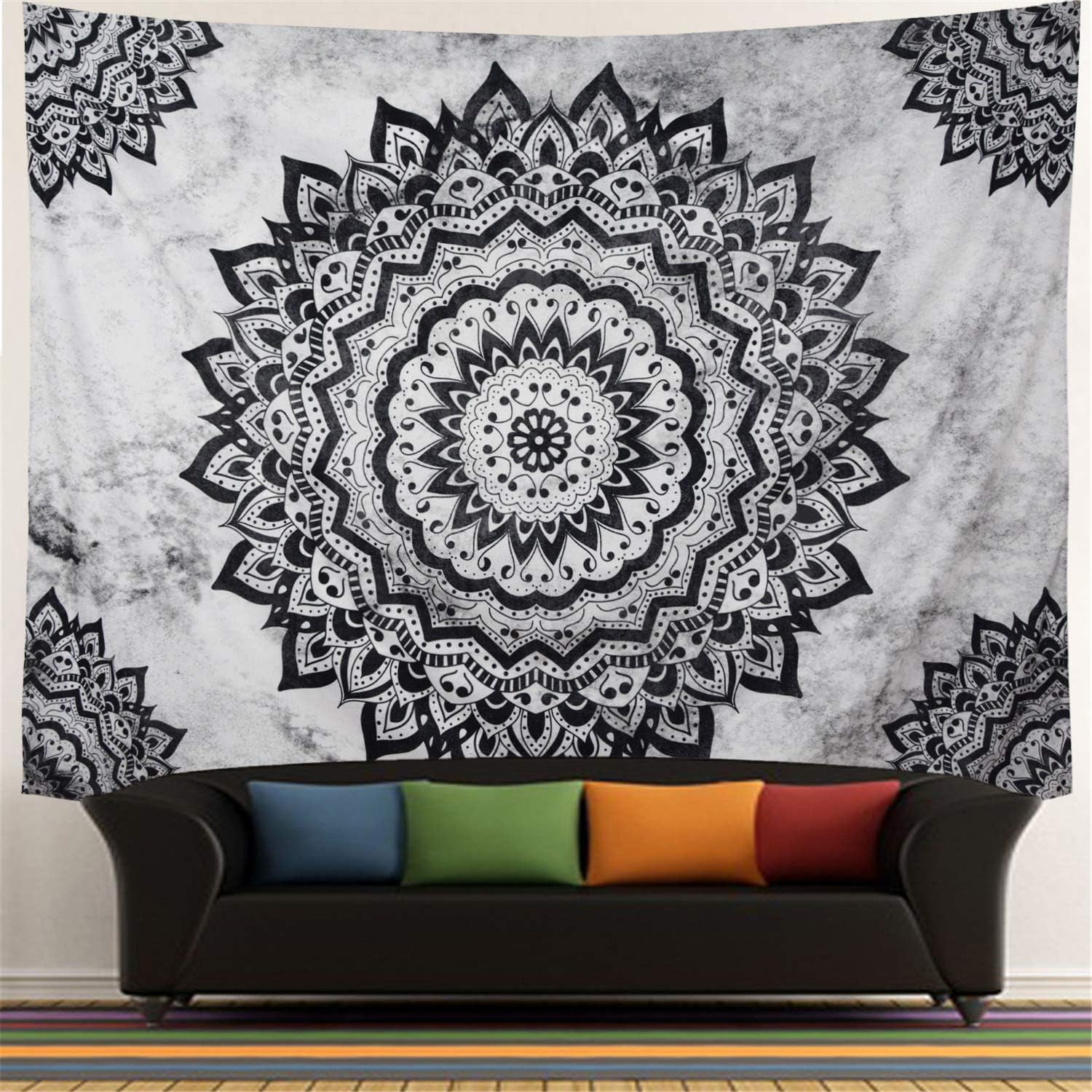 Black and White Mandala Wall Tapestry - Bohemian Flower Psychedelic Hippie Wall Hanging for Bedroom (51.2 X 59.1Inches)