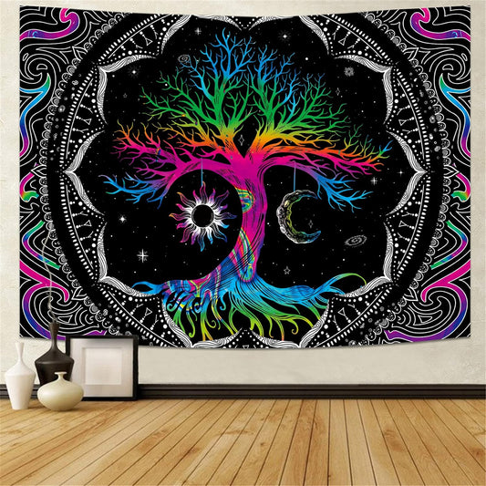 Tree of Life Tapestry Trippy Mandala Wall Tapestry Hippie Moon and Sun Tapestry Black Galaxy Stars Space Tapestry Colorful Boho Aesthetic Tapestry for Bedroom Living Room (M-W59.1" × H51.2)