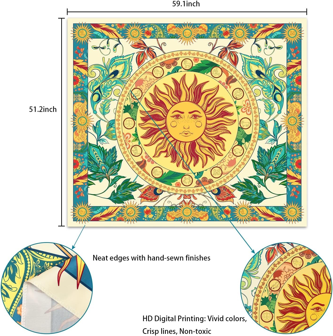 Lyacmy Burning Sun Tapestry Flower Vines Tapestries Vintage Floral Tapestry Mystic Tapestry Hippie Tapestry Wall Hanging for Room (Green, 51.2 X 59.1 Inches)