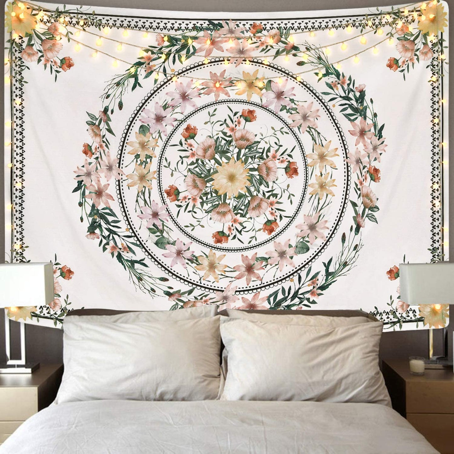 Mandala Tapestry Floral Medallion Tapestry Sketched Flower Plant Tapestry Bohemian Hippie Tapestry for Room (51.2 X 59.1 Inches)