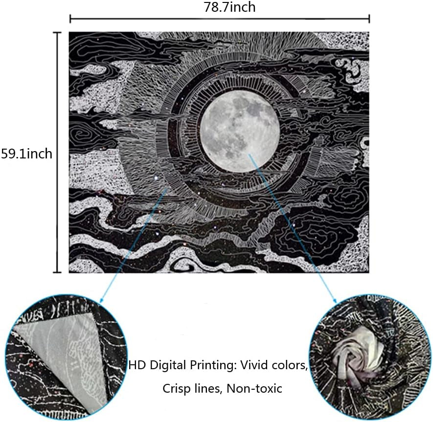 Moon Glow Tapestry Wall Hanging, Black Wall Tapestry for Bedroom Full Moon between the Clouds Black 80" * 60"