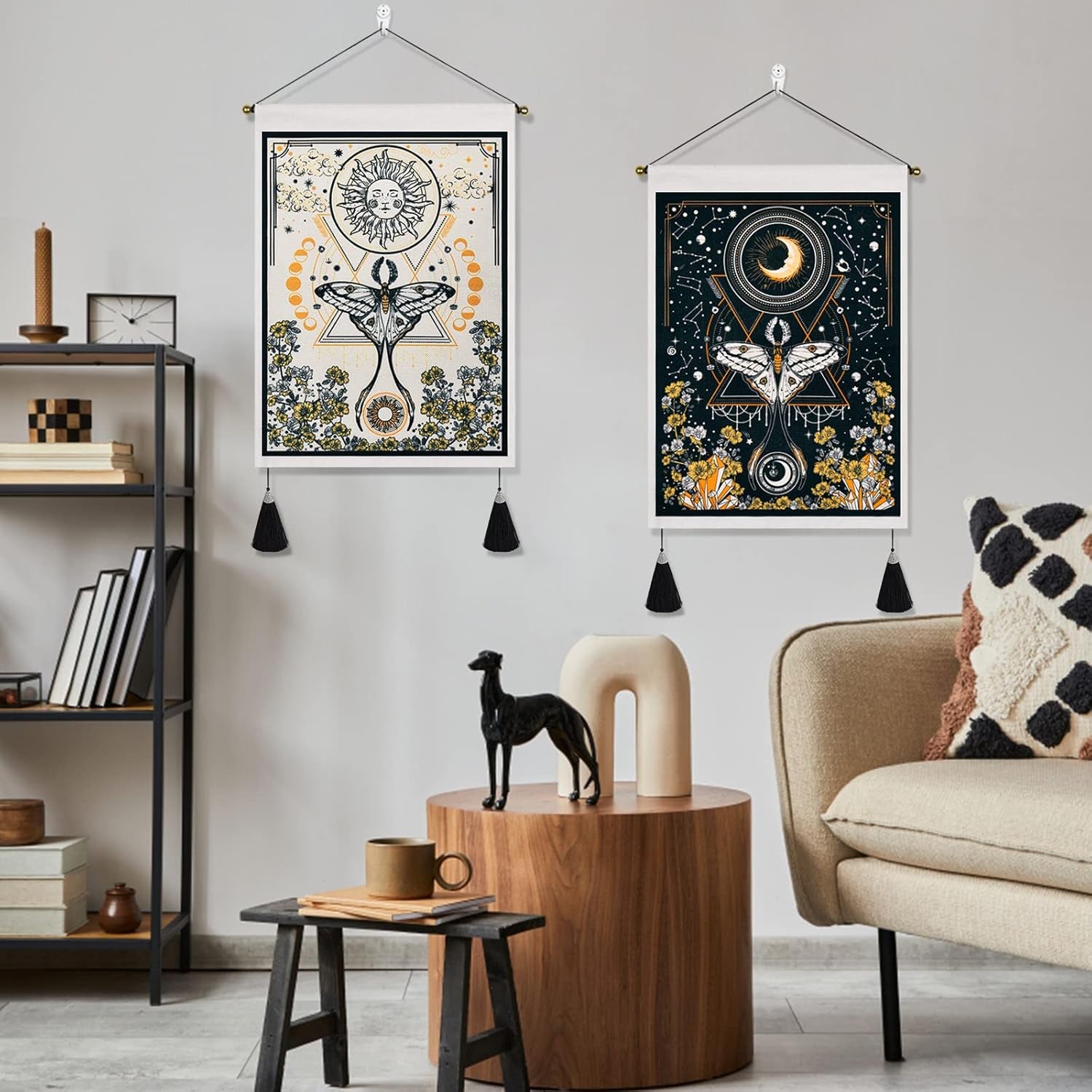 Lyacmy Pack of 2 Sun and Moon Tapestries - Yellow and Orange Tapestry Flower Vine Wall Hanging for Room (13.8 X 19.7 Inches)