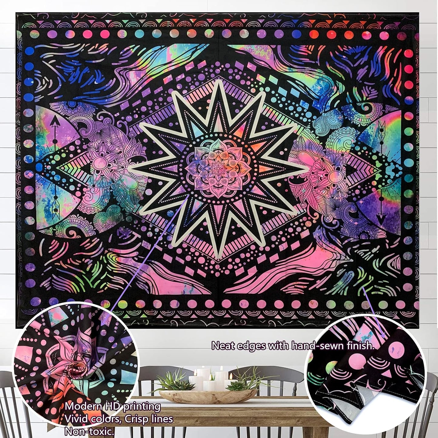 Hippie Mandala Tapestry Trippy Bohemian Tapestry Psychedelic Tapestry Wall Hanging Sun and Moon Tapestry Wall Decor Purple Blacklight Tapestry for Bedroom (50"X60")