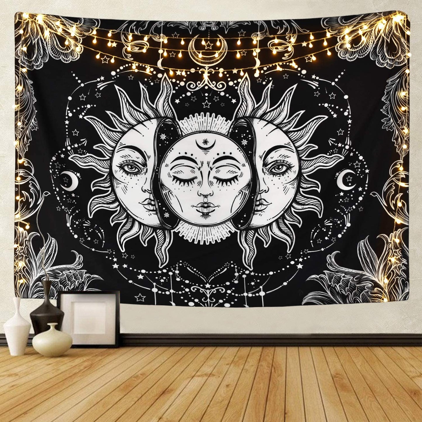 Sun and Moon Tapestry Black and White Burning Sun with Stars Tapestry Psychedelic Tapestry Indian Tapestry for Room