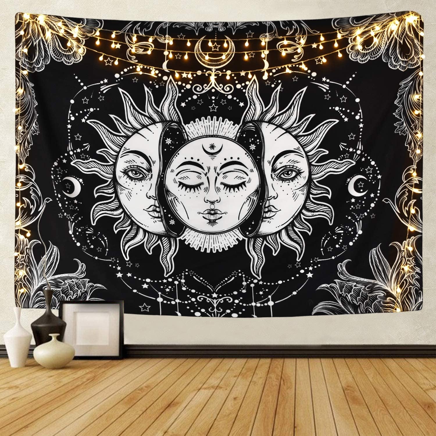 Sun and Moon Tapestry Black and White Burning Sun with Stars Tapestry Psychedelic Tapestry Indian Tapestry for Room