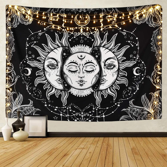 Sun and Moon Tapestry Black and White Burning Sun with Stars Tapestry Psychedelic Tapestry Indian Tapestry for Room