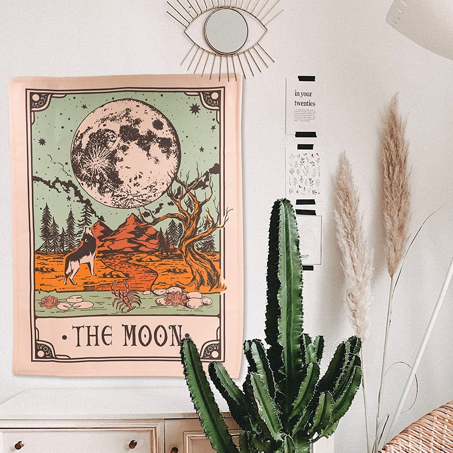 3 Pack Sun Moon and Star Tarot Card Tapestry, Brown and Beige Wall Hanging, Vertical Vintage Aesthetic for Room (Brown, 15'' 20'')
