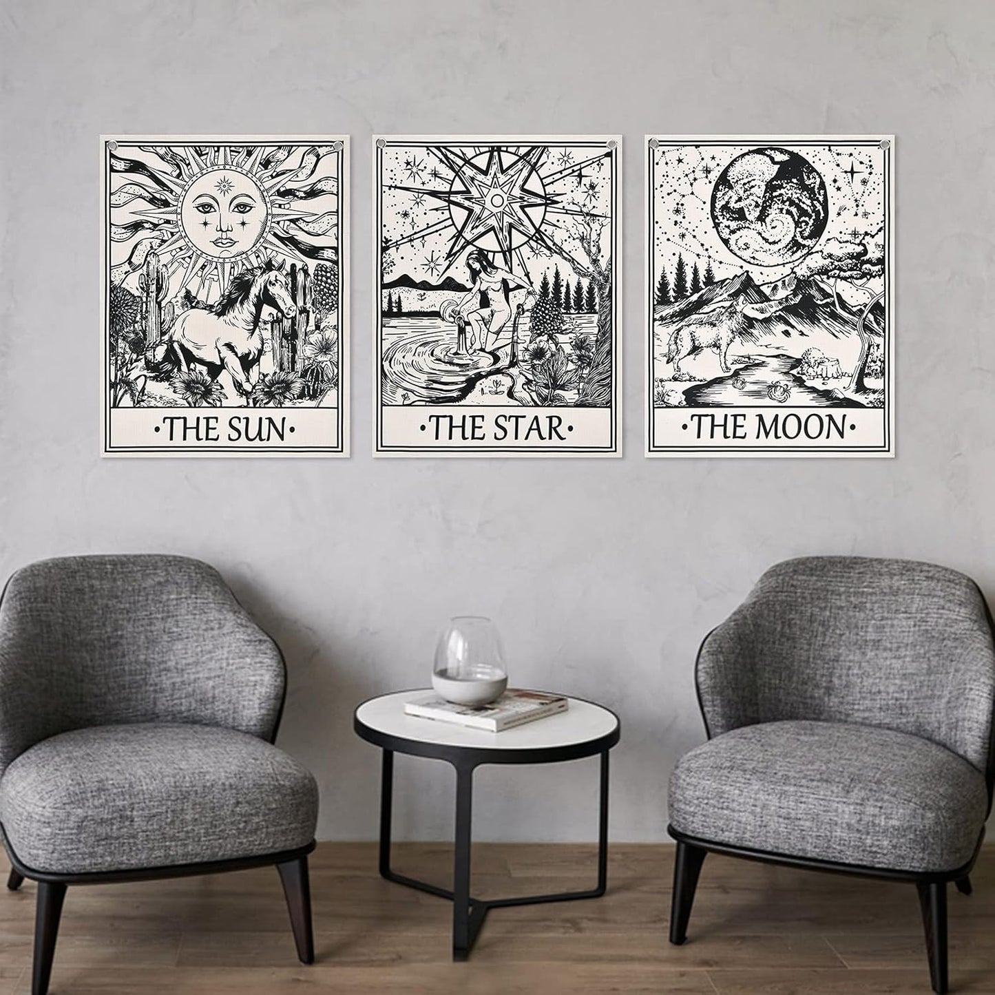 Pack of 3 Tarot Card Tapestry Tarot Flag Tapestry the Sun the Star the Moon Tarot Tapestry Vertical Medieval Tarot Tapestries Wall Hanging for Room with Seamless Nails(11.8 X 15.7 Inches)